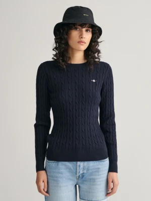 Damski granatowy sweter bawełniany o splocie warkoczowym z okrągłym dekoltem GANT