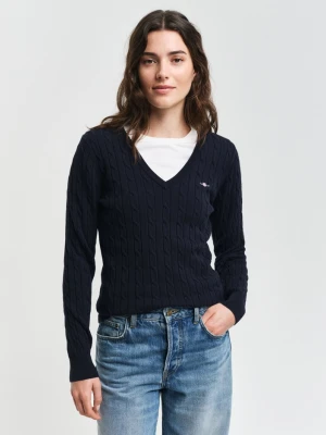 Damski granatowy sweter z elastycznej bawełny o splocie warkoczowym z dekoltem w szpic GANT