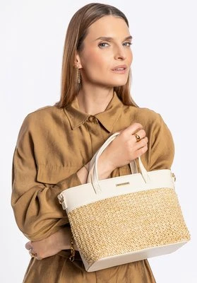 Damski kuferek z plecionki i ekoskóry beżowo - kremowy Wittchen