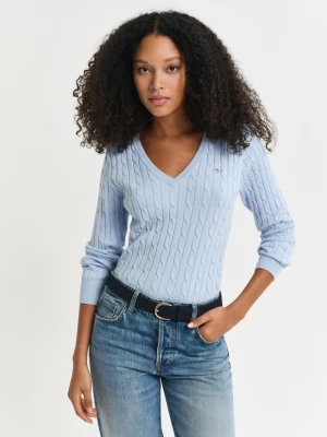 Damski niebieski sweter z elastycznej bawełny o splocie warkoczowym z dekoltem w szpic GANT