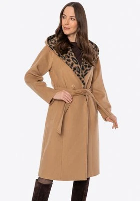 Damski płaszcz dwurzędowy z wełną camelowy Wittchen