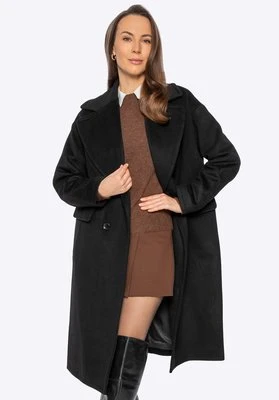 Damski płaszcz dwurzędowy z wełny i domieszką kaszmiru czarny Wittchen
