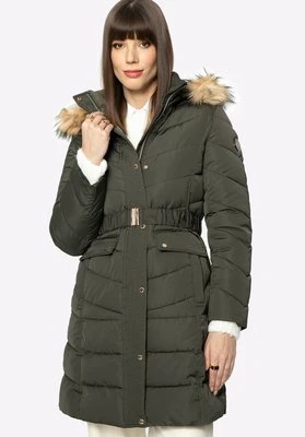 Damski płaszcz pikowany z paskiem zielony Wittchen