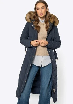 Damski płaszcz puchowy z futerkowym kapturem granatowy Wittchen