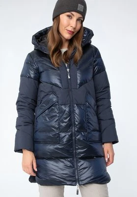 Damski płaszcz puchowy z łączonych materiałów z kapturem granatowy Wittchen