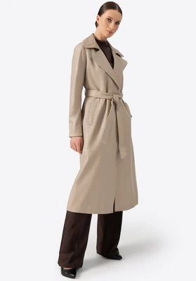 Damski płaszcz skórzany z paskiem beżowy Wittchen