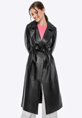 Damski płaszcz skórzany z paskiem ciemny brąz Wittchen