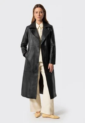 Damski płaszcz skórzany z paskiem ciemny brąz Wittchen