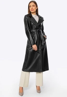 Damski płaszcz skórzany z paskiem czarny Wittchen