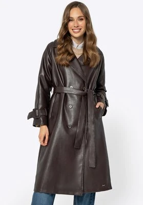 Damski płaszcz z ekoskóry dwurzędowy ciemny brąz Wittchen