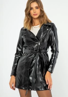 Damski płaszcz z ekoskóry dwurzędowy czarno - grafitowy Wittchen