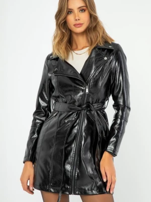 Damski płaszcz z ekoskóry dwurzędowy czarno - grafitowy Wittchen