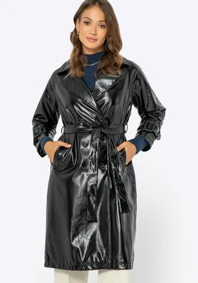 Damski płaszcz z ekoskóry dwurzędowy czarno - srebrny Wittchen