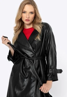 Damski płaszcz z ekoskóry dwurzędowy czarny Wittchen