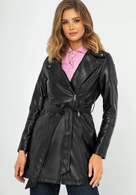 Damski płaszcz z ekoskóry dwurzędowy z paskiem czarny Wittchen