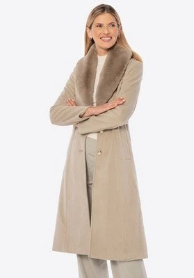 Damski płaszcz z odpinanym sztucznym futerkiem ciemny beż Wittchen