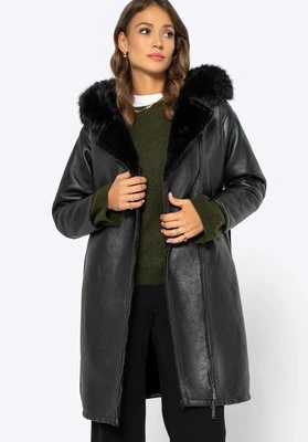 Damski płaszcz ze skóry ekologicznej z paskiem czarny Wittchen