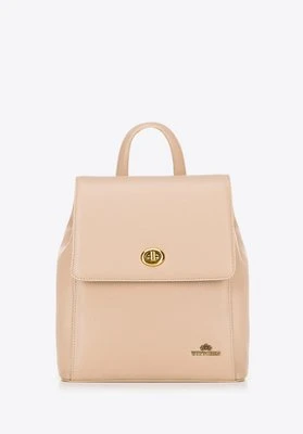 Damski plecak skórzany z prostokątną klapą beżowy Wittchen