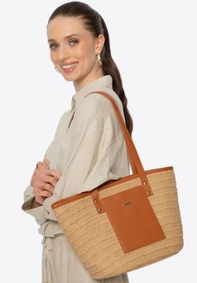 Damski pleciony koszyk z rączkami z ekoskóry beżowo - brązowy Wittchen
