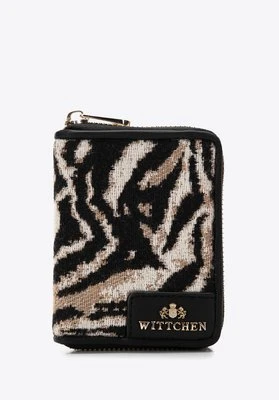 Damski portfel wzorzysty na suwak mini czarno-beżowy Wittchen