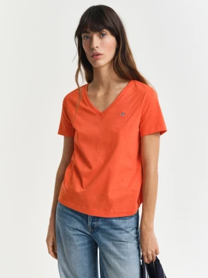 Damski różowy bawełniany t-shirt z dekoltem w szpic GANT