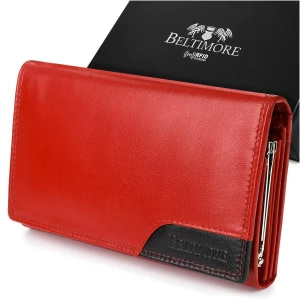 Damski skórzany portfel duży poziomy z biglem RFiD czerwony BELTIMORE czerwony Merg