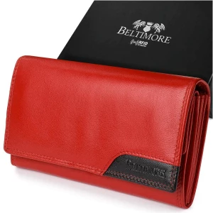 Damski skórzany portfel duży z biglem w środku poziomy retro RFiD czerwony BELTIMORE czerwony Merg