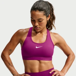 Damski stanik sportowy z wkładkami i średnim wsparciem Nike Swoosh - Czerwony