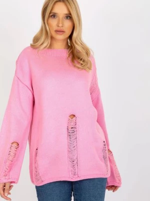 Damski sweter oversize z dziurami - różówy