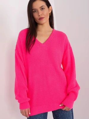 Damski sweter oversize z wełną fluo różowy BADU