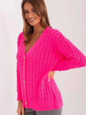 Damski sweter rozpinany z dodatkiem wełny fluo różowy