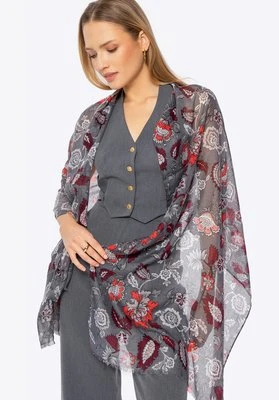 Damski szal w kwiatowy wzór szaro - czerwony Wittchen