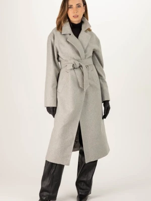 Damski szary wełniany płaszcz damski z paskiem - szary BASE LAÏF