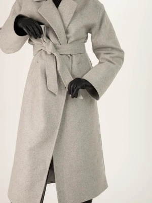 Damski szary wełniany płaszcz damski z paskiem - szary BASE LAÏF