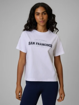 Damski t-shirt boxy z nadrukiem 4F 4FWSS26TTSHF2739 - biały