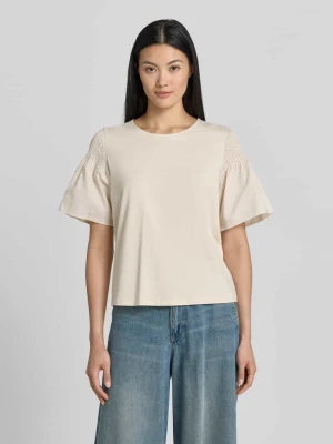 damski t-shirt o kroju regular fit z marszczonym detalem comma Piaskowy