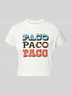 damski t-shirt o kroju regular fit z nadrukiem z napisem Paco Rabanne Biały