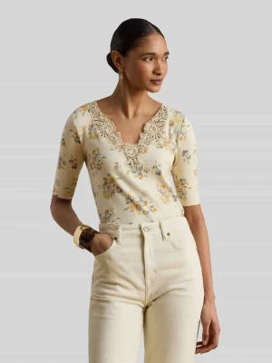 damski t-shirt o kroju slim fit z mieszanka bawełny z obszycie koronką Lauren Ralph Lauren Piaskowy