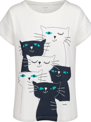 Damski t-shirt z krótkim rękawem, z kotami, kremowy Endo