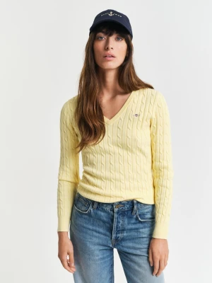 Damski żółty sweter z elastycznej bawełny o splocie warkoczowym z dekoltem w szpic GANT