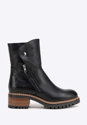 Damskie botki skórzane z ukośnym zamkiem czarne Wittchen