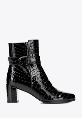 Damskie botki ze skóry lakierowanej o fakturze croco czarne Wittchen