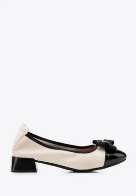 Damskie czółenka ze skóry na niskim słupku beżowo - czarne Wittchen