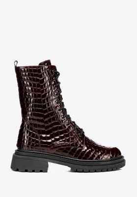 Damskie glany z lakierowanej skóry croco bordowe Wittchen