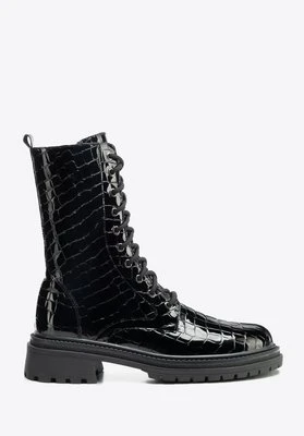 Damskie glany z lakierowanej skóry croco czarne Wittchen