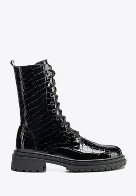 Damskie glany z lakierowanej skóry croco czarne Wittchen