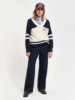 Damskie granatowe spodnie z domieszką wełny o luźnym kroju GANT