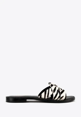 Damskie klapki ze skóry w zwierzęcy wzór czarno - beżowe Wittchen