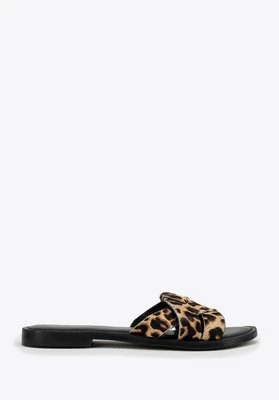 Damskie klapki ze skóry w zwierzęcy wzór czarno - brązowe Wittchen