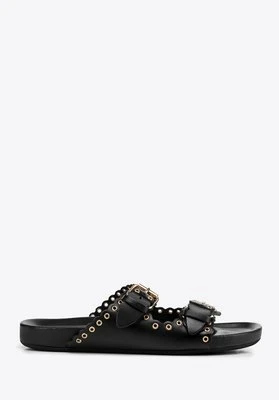 Damskie klapki ze skóry z dekoracyjnymi paskami czarne Wittchen